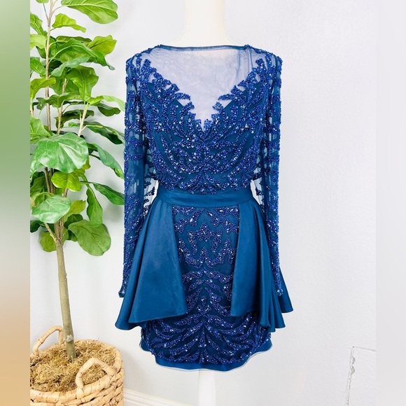 Modessa Couture Blue Embellished Peplum Long Sleeve Prom Homecoming Event Dress - Picture 1 of 16